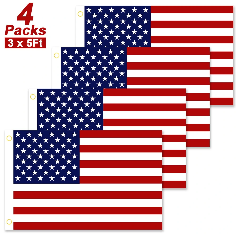 Set of four 3x5 feet United States flags with 13 horizontal stripes in red and white and a blue field of 50 white stars. Perfect for patriotic displays and events.