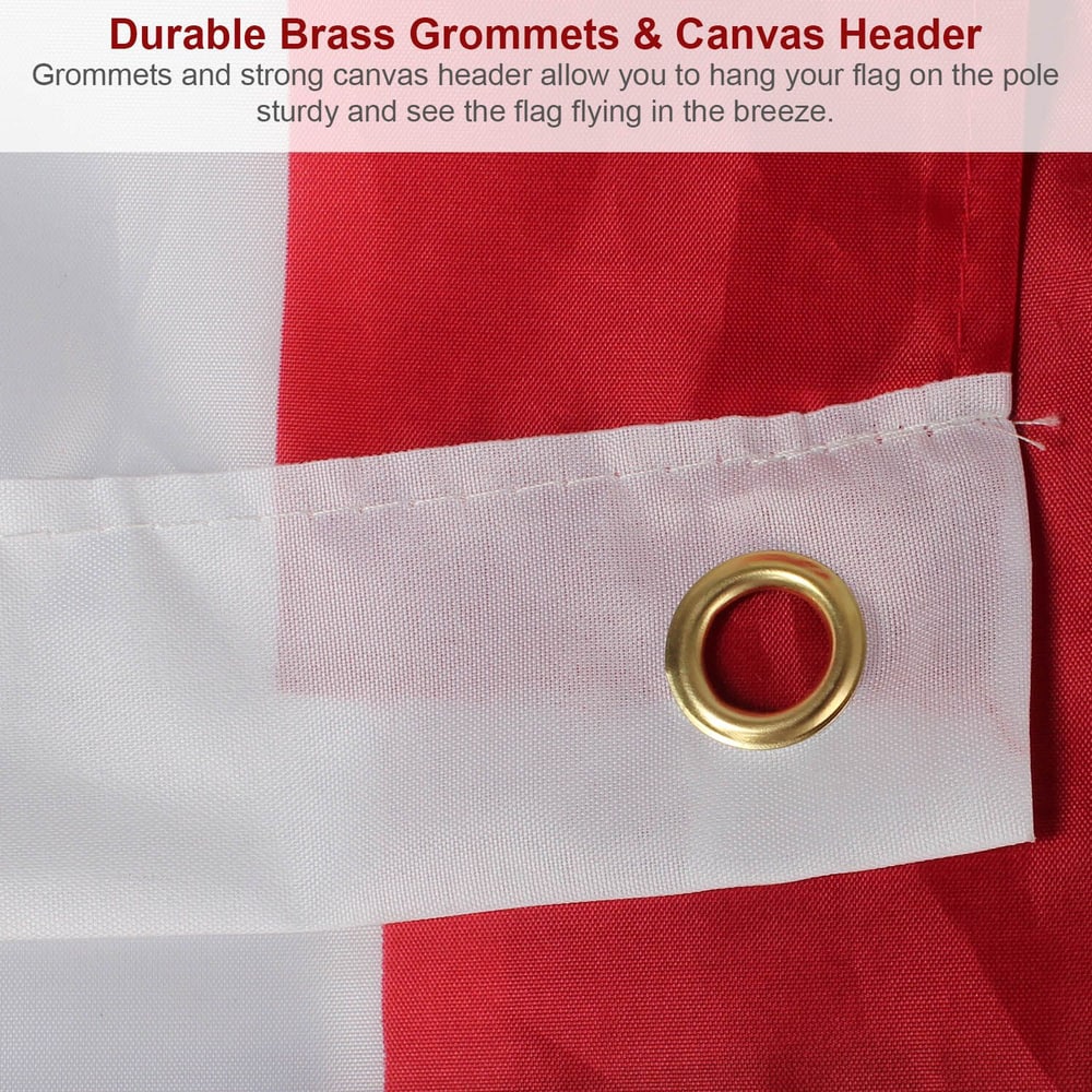 Close-up of a flag's durable brass grommet and sturdy canvas header, showcasing robust construction for easy hanging and wind visibility.