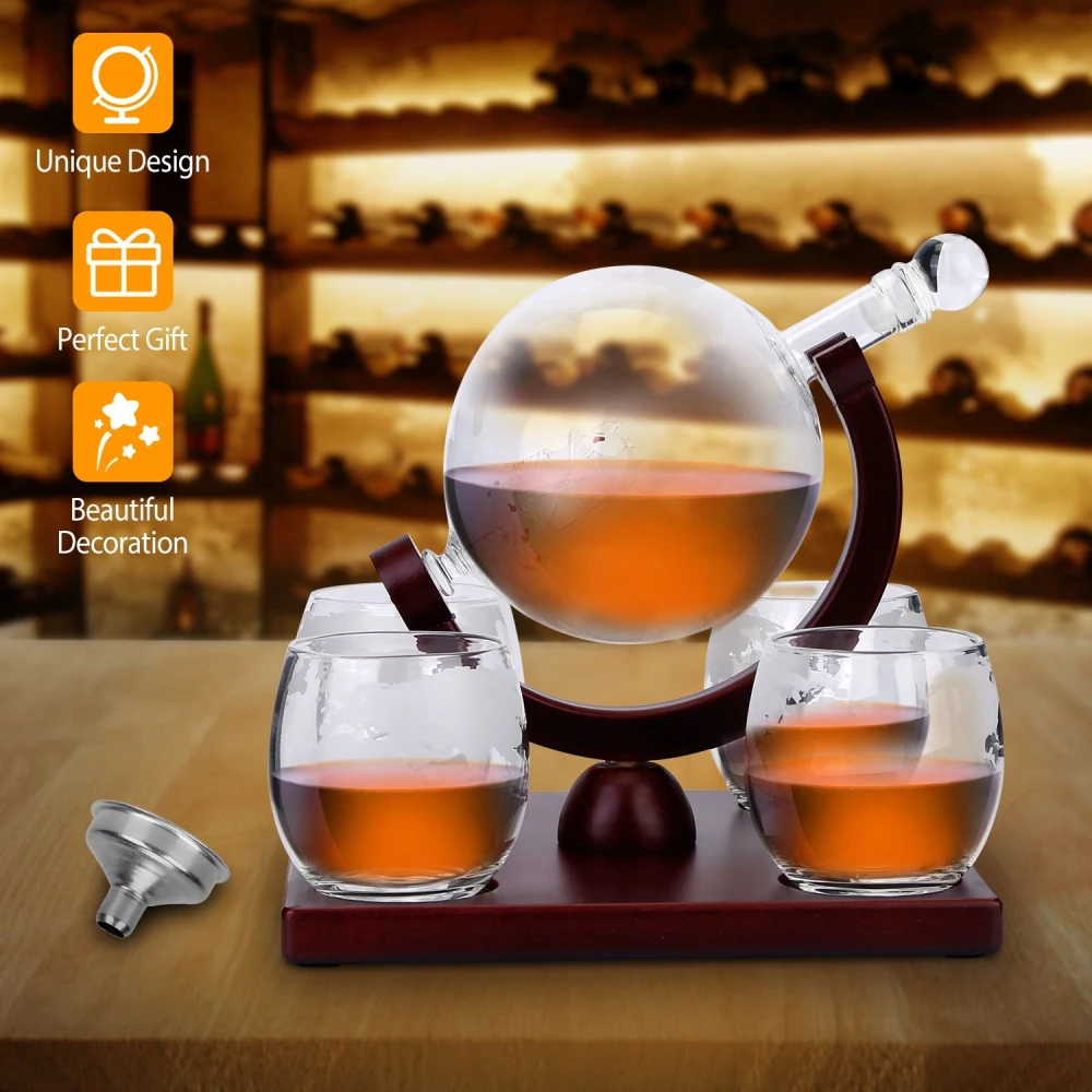 Elegant whiskey decanter set featuring a unique globe-shaped glass decanter and four matching glasses, perfect for gifting and home decor.
