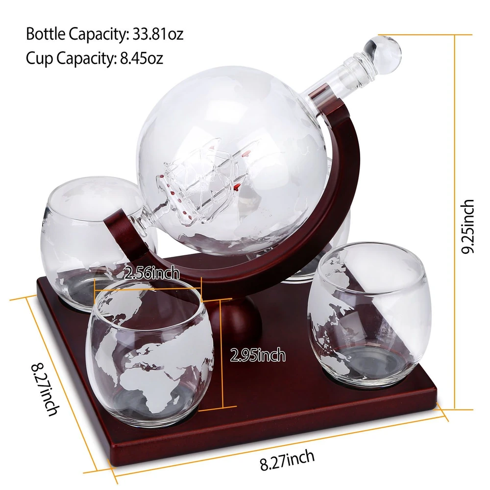 Elegant globe decanter set with wooden stand, featuring a 33.81 oz glass decanter and four 8.45 oz world map etched glasses, ideal for entertaining and home decor.
