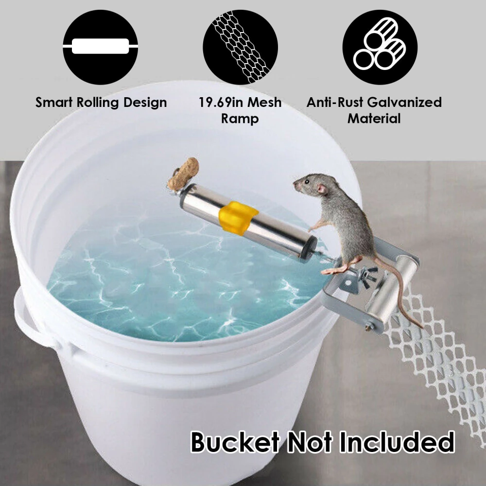 Mouse trap designed with a smart rolling ramp, featuring a 19.69-inch mesh for easy access and made from anti-rust galvanized material; bucket not included.