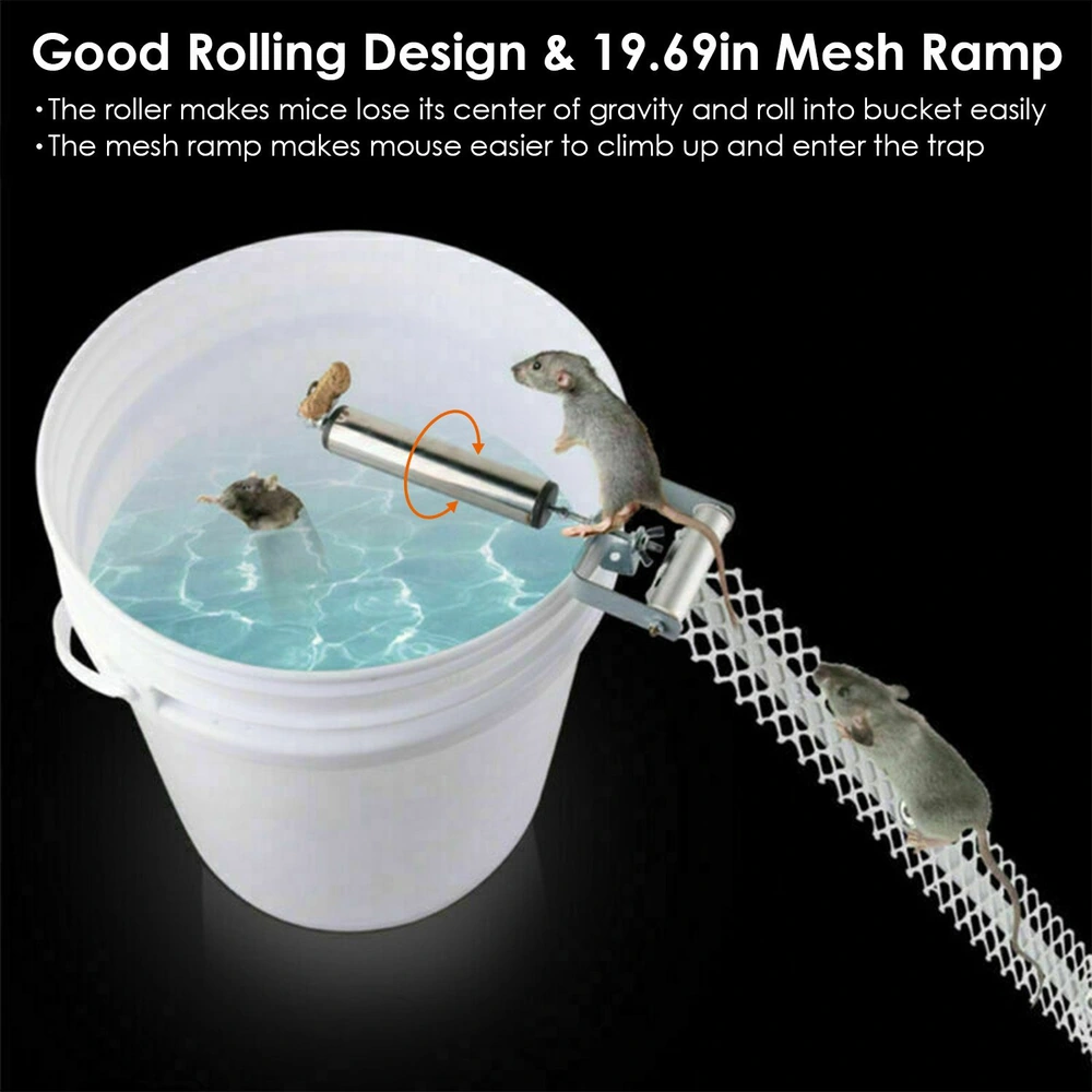 Mouse trap design featuring a rolling mechanism and a 19.69-inch mesh ramp, allowing mice to easily access the bucket for trapping.