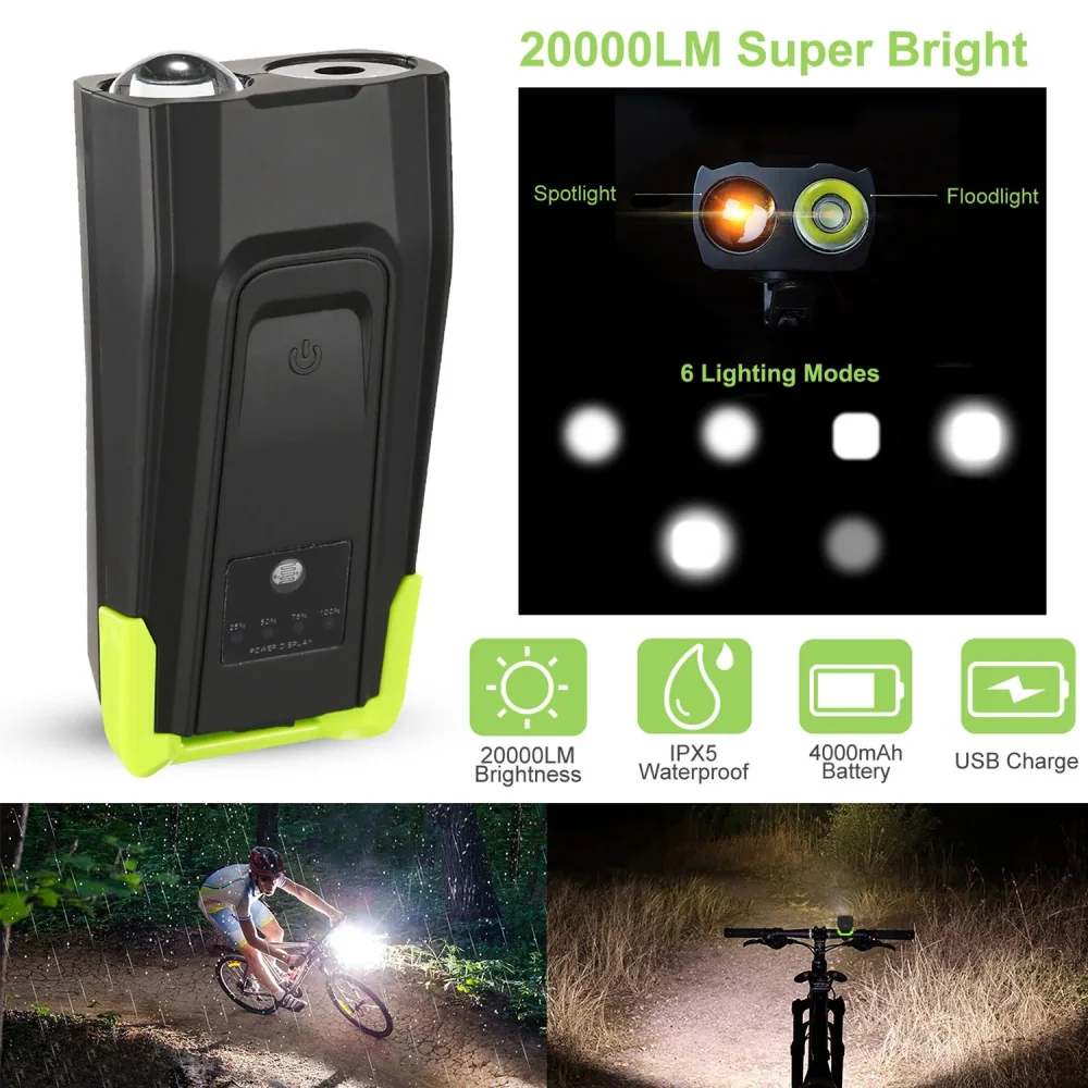 Handheld LED flashlight with 20000LM brightness, featuring spotlight and floodlight modes, 6 lighting options, IPX5 waterproof rating, 4000mAh rechargeable battery, and USB charging capability, perfect for outdoor activities like cycling in low light conditions.