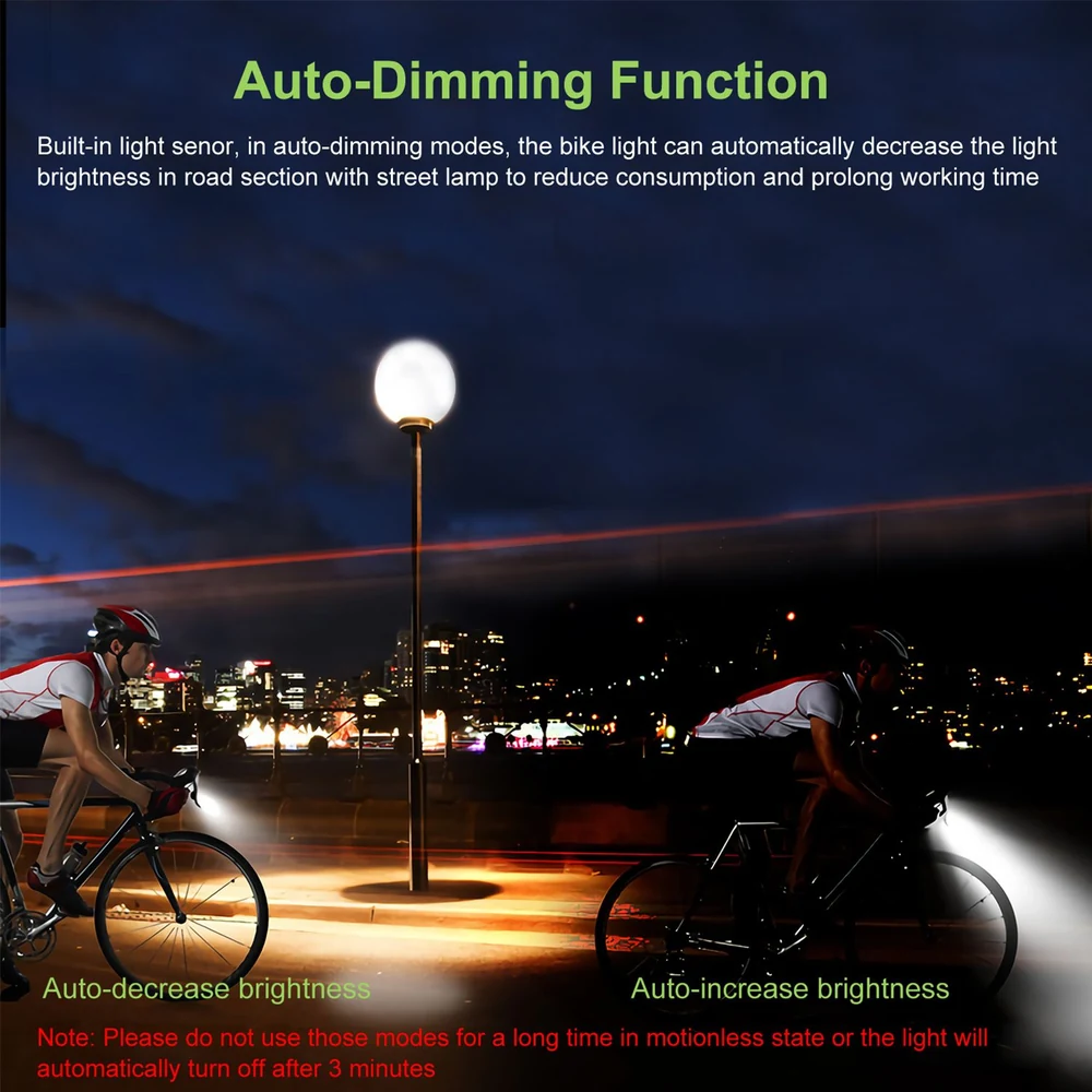 Image of a bicycle with a smart auto-dimming bike light, designed to automatically adjust brightness based on surrounding lighting conditions, ideal for night riding safety.