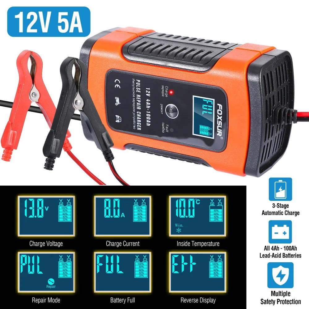 12V 5A battery charger with digital display and alligator clips for easy connection, featuring charging modes and safety protection indicators.
