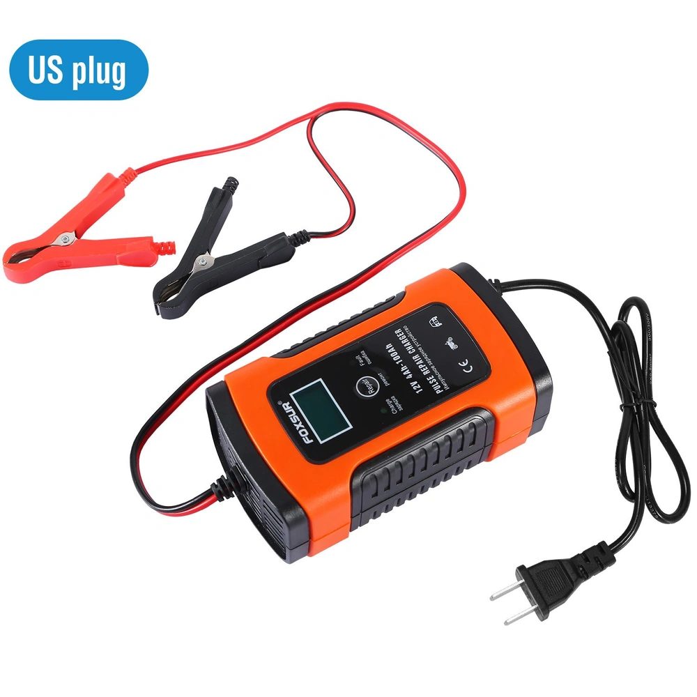 12V smart battery charger with alligator clips and US plug, featuring a digital display for charging car batteries safely and efficiently.