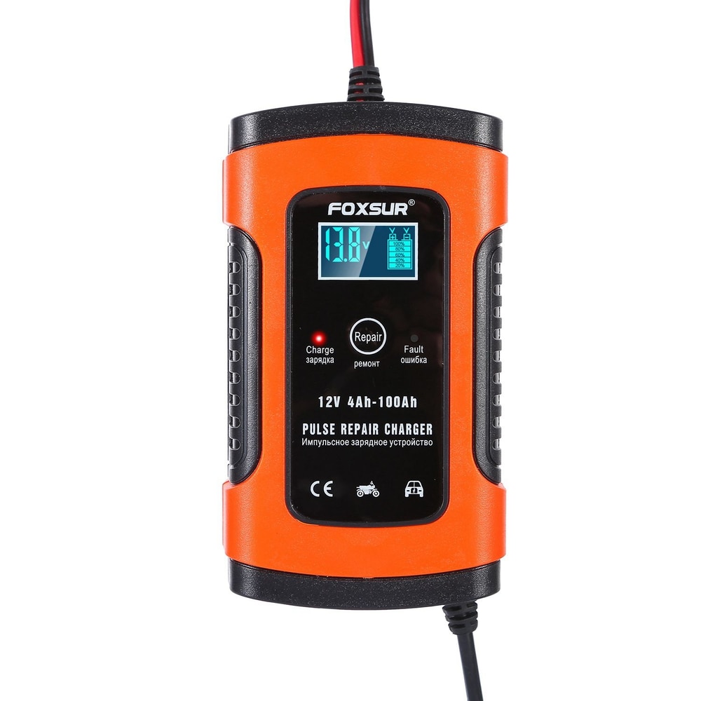 FOXSUR 12V Pulse Repair Charger with LCD display, suitable for 4Ah to 100Ah batteries, featuring charge, repair, and fault indicators in a durable orange and black design.
