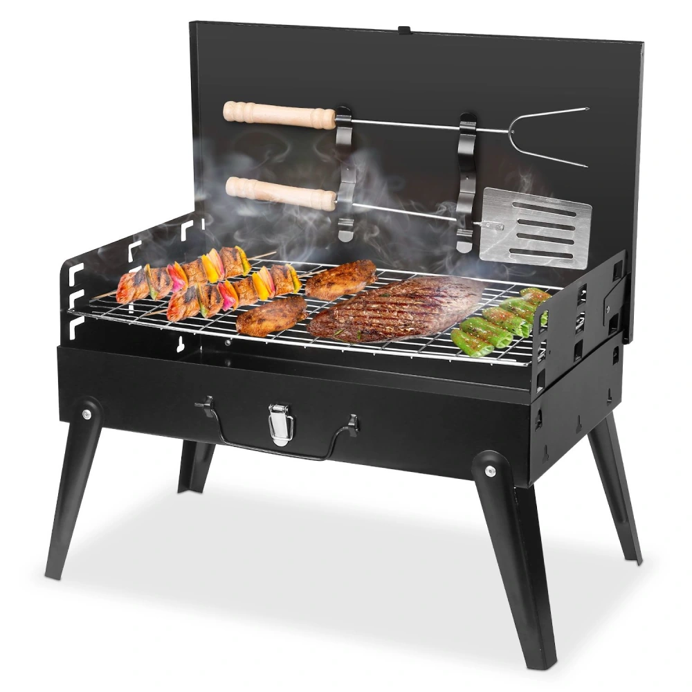 Portable charcoal grill with sizzling marinated meat, vegetables, and skewers on the grill rack, featuring a black finish and wooden handles for an outdoor barbecue experience.