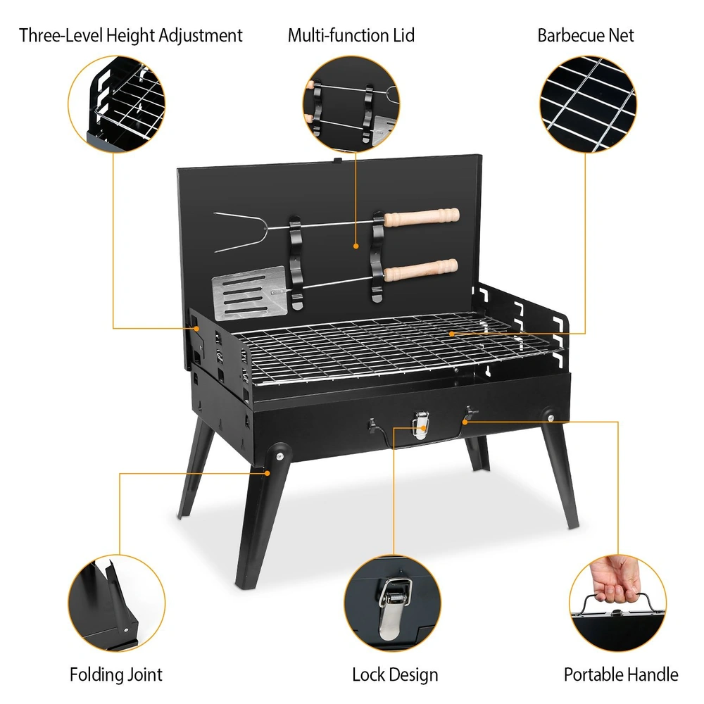 Portable barbecue grill with adjustable height, multi-function lid, barbecue net, and included grilling tools. Features folding joints, a lock design, and a portable handle for easy transport.