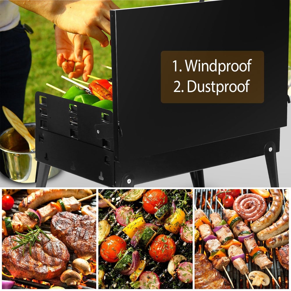 Portable windproof and dustproof grill featuring fresh skewered vegetables and meats, with delicious dishes cooked and ready for outdoor dining.
