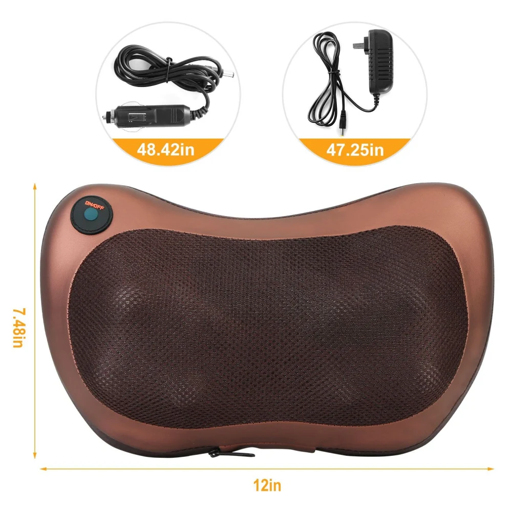 Portable massager pillow with ergonomic design, featuring a power button and measuring 12 inches wide by 7.48 inches high, accompanied by a car charger and wall adapter cords.