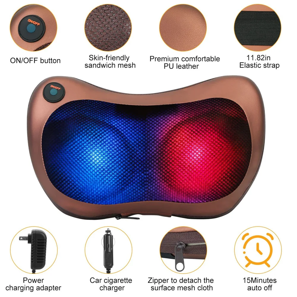 Massage pillow with ON/OFF button, skin-friendly sandwich mesh, and comfortable PU leather, featuring an elastic strap, power charging adapter, and car cigarette charger, designed for relaxation with a 15-minute auto-off function.