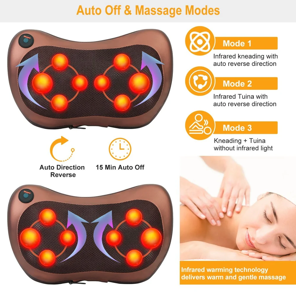 Heating massage pillow with three modes: infrared kneading, infrared Tuina, and kneading without infrared; features auto direction reverse and 15-minute auto shut off.
