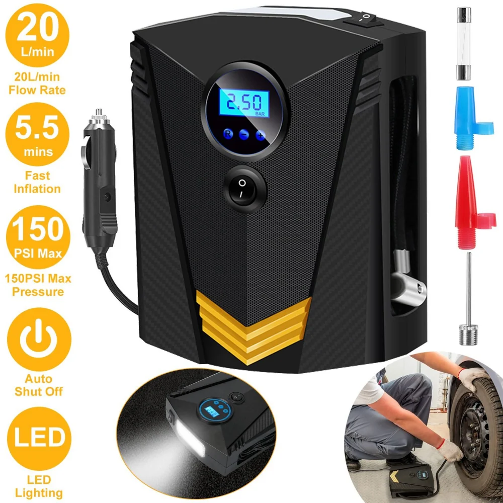 Portable air compressor with digital display, fast inflation, 150 PSI max pressure, LED lighting, and included nozzles for various inflation needs.