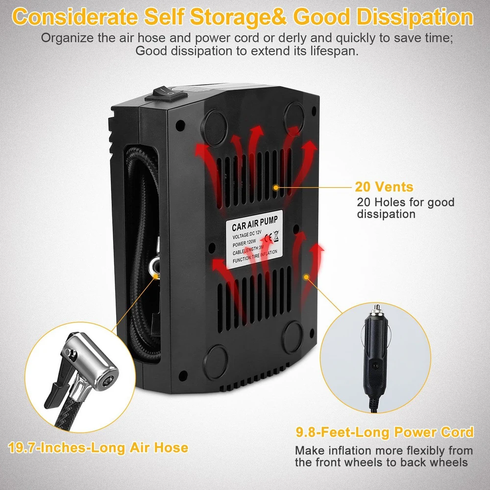 High-efficiency car air pump featuring a 19.7-inch air hose, 9.8-foot power cord, and 20 ventilation holes for optimal heat dissipation and extended lifespan.