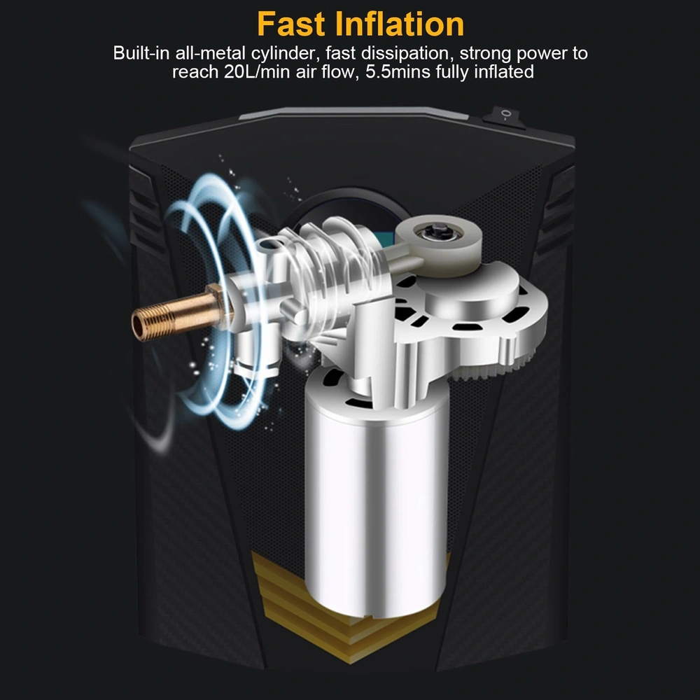 Close-up of a high-performance air compressor showing the all-metal cylinder, designed for fast inflation with a 20L/min airflow and 5.5-minute full inflation capability.