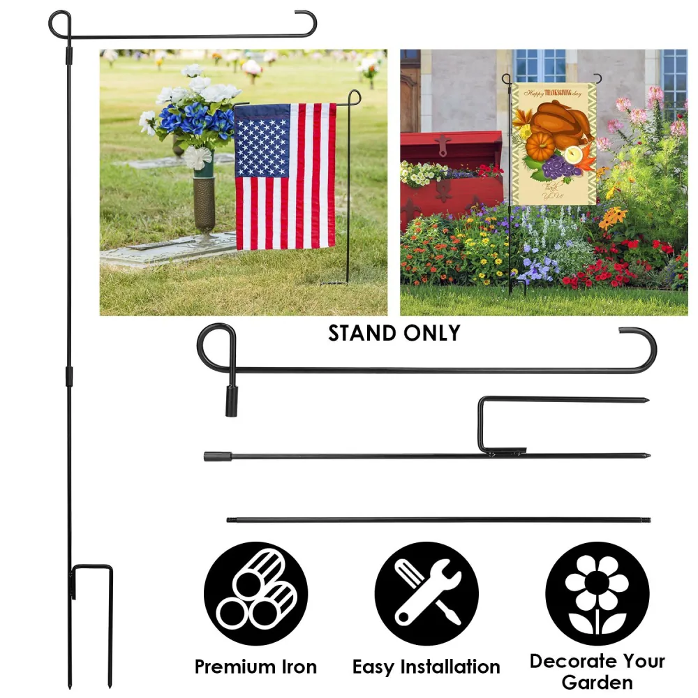 Garden flag stand made of premium iron, designed for easy installation; showcases images of American flag and Thanksgiving-themed garden flags for decorative use.