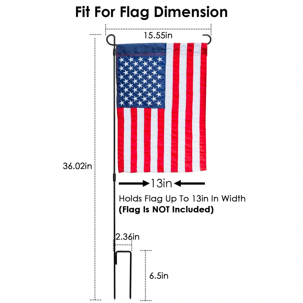 Black metal flag pole stand dimensions with an American flag displayed, measuring 36.02 inches tall and 15.55 inches wide, designed to hold flags up to 13 inches in width (flag not included).
