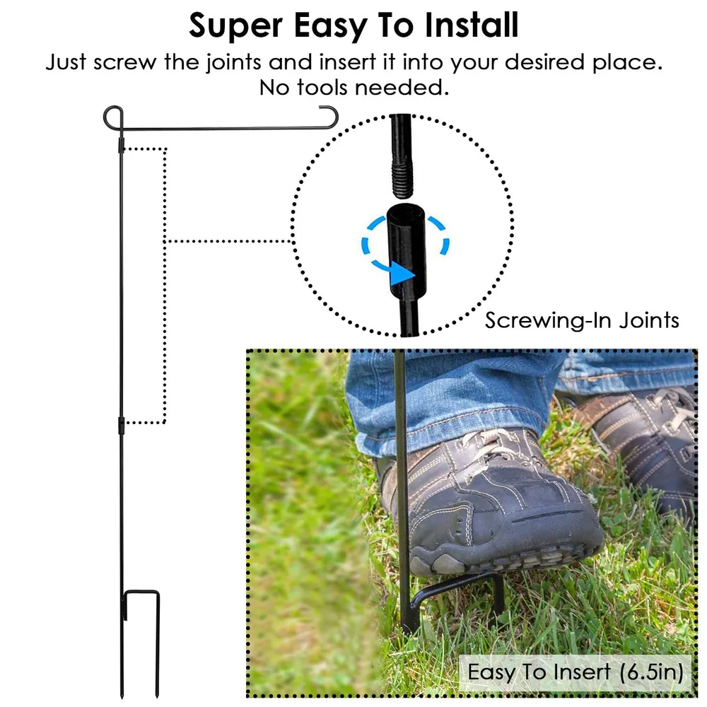 Black garden stake installation guide, featuring easy screw joints for tool-free setup, with a person stepping on the stake in grass.
