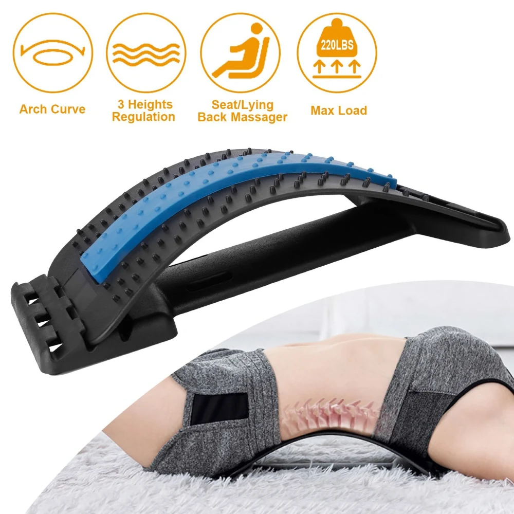 Back stretching arch support with blue padding, designed for spinal alignment and muscle relaxation, featuring adjustable heights and a maximum load capacity of 220 lbs, shown in use on a person's back.