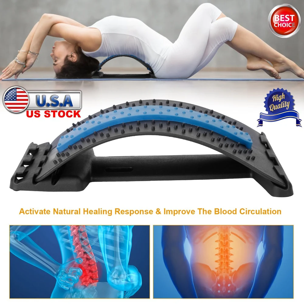 Yoga wheel for spinal stretching and support, featuring a blue padded top and a textured base for grip; promotes natural healing and improved blood circulation while providing comfort during exercises.