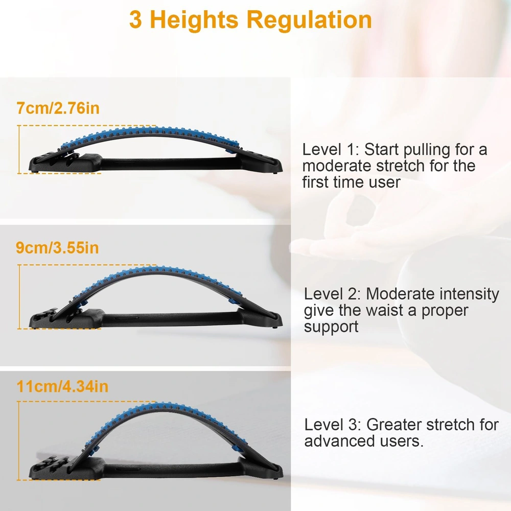 Multilevel waist stretching device with three adjustable heights: 7cm for beginners, 9cm for moderate support, and 11cm for advanced stretching.