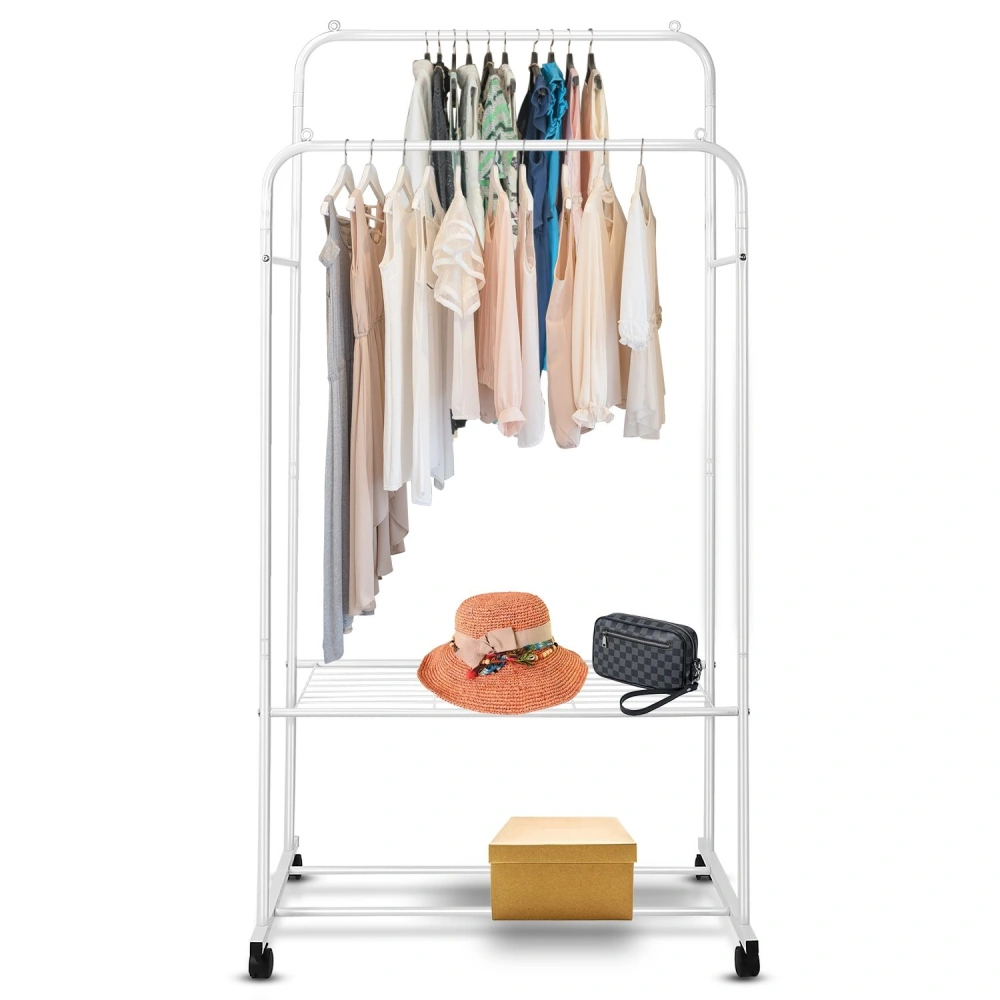 White garment rack displaying a variety of dresses in soft colors, with a stylish orange hat, a black handbag, and a gold storage box on the lower shelf. Ideal for closet organization and fashion display.