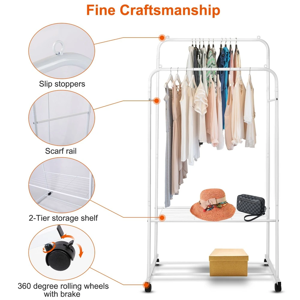 Clothing rack with fine craftsmanship featuring slip stoppers, a scarf rail, a 2-tier storage shelf, and 360-degree rolling wheels with brakes, showcasing hanging garments, a hat, a handbag, and a storage box.