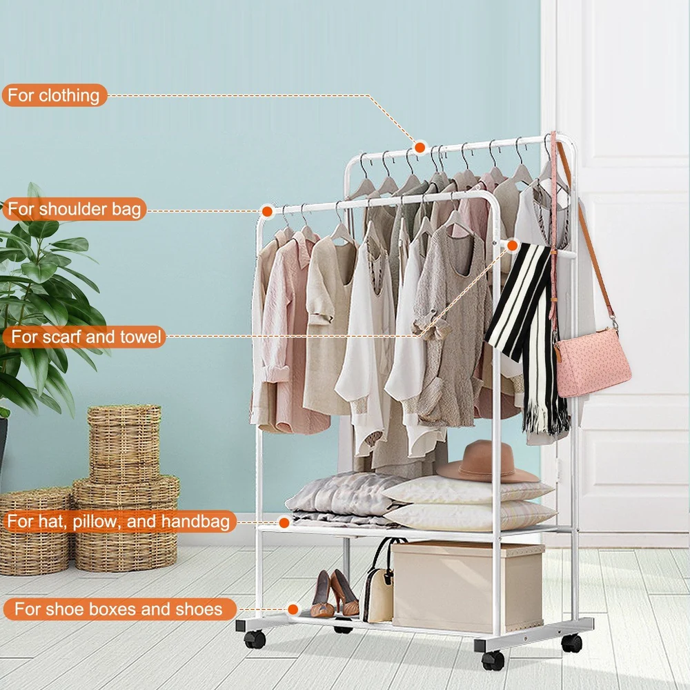 Multi-functional clothing rack with hooks for garments, scarves, and bags, featuring a bottom shelf for shoes and accessories, set against a light blue background.
