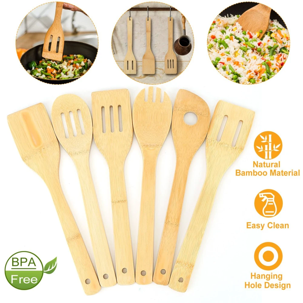 Set of six natural bamboo cooking utensils featuring a spatula, slotted spoon, slotted turner, mixing spoon, and fork, highlighting their BPA-free material, easy cleaning, and convenient hanging hole design.