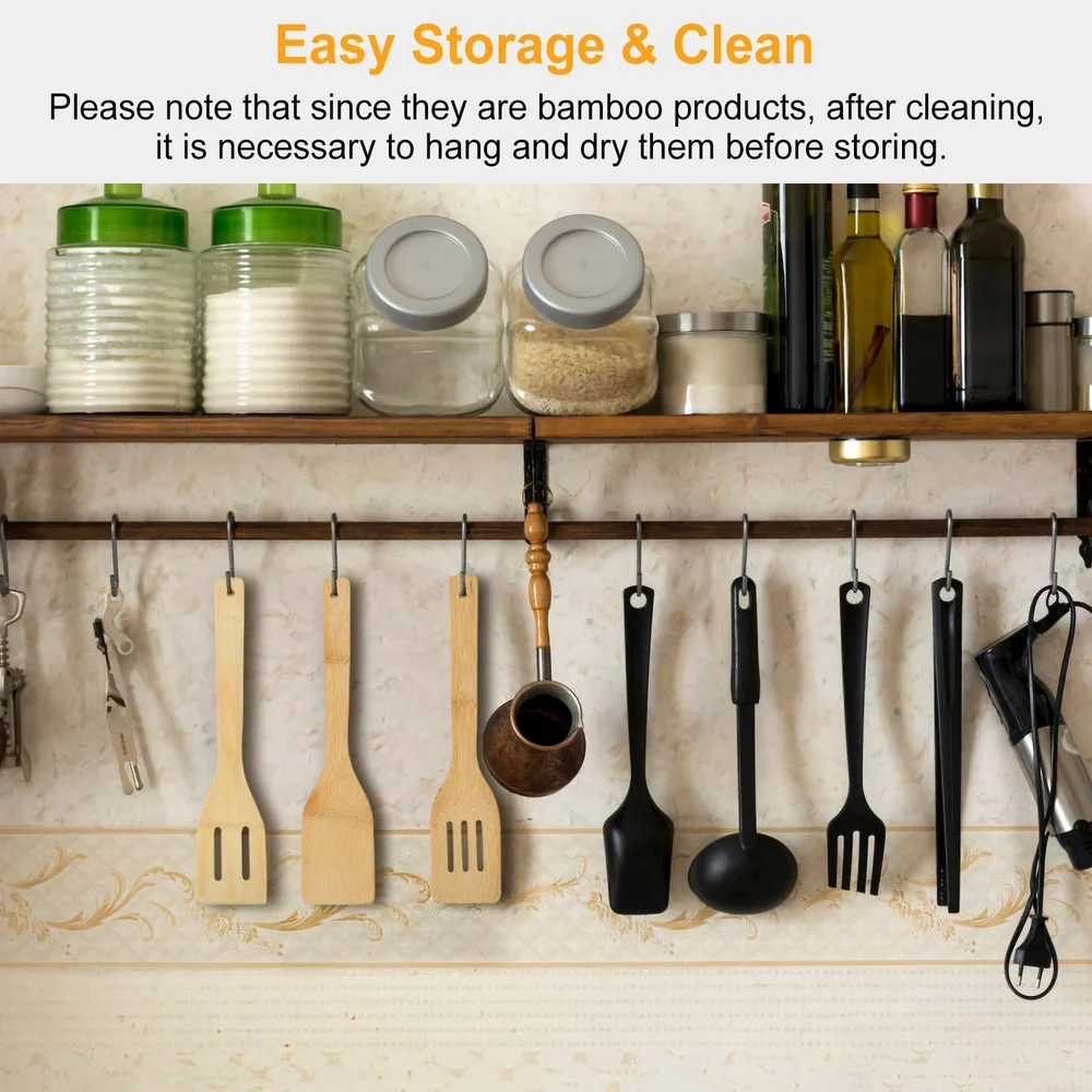 Bamboo kitchen utensils including spatulas, ladles, and measuring cups hanging on a wooden shelf with jars of ingredients and cooking oils in the background, emphasizing easy storage and cleaning.