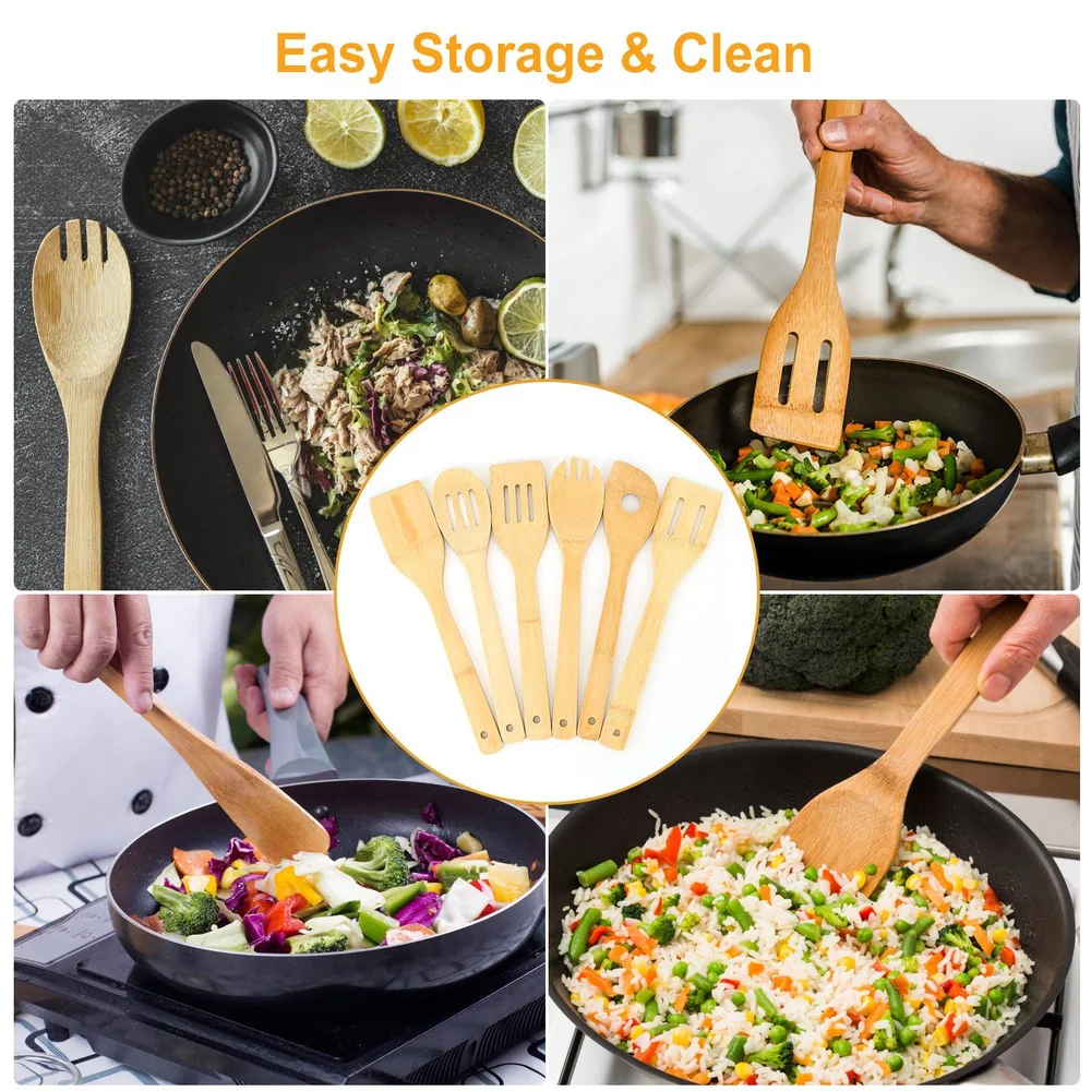 Set of bamboo cooking utensils displayed alongside various dishes, highlighting their versatility for easy cooking, storage, and cleaning in a kitchen setting.