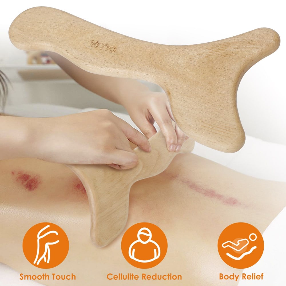 Wooden massage tool being used on a person's back, promoting smooth touch, cellulite reduction, and body relief, with visible marks on the skin.
