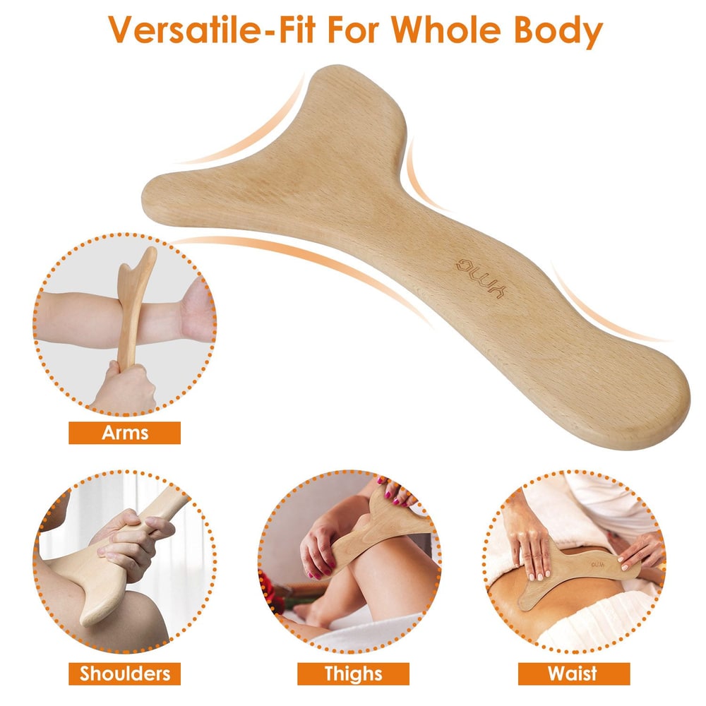 Natural wood body massage tool designed for versatile use on arms, shoulders, thighs, and waist.