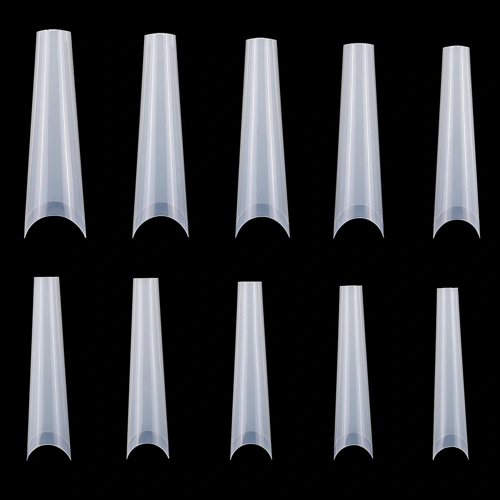 Clear nail tips arranged in two rows on a black background, showcasing their tapered design for easy application and customization in nail art.
