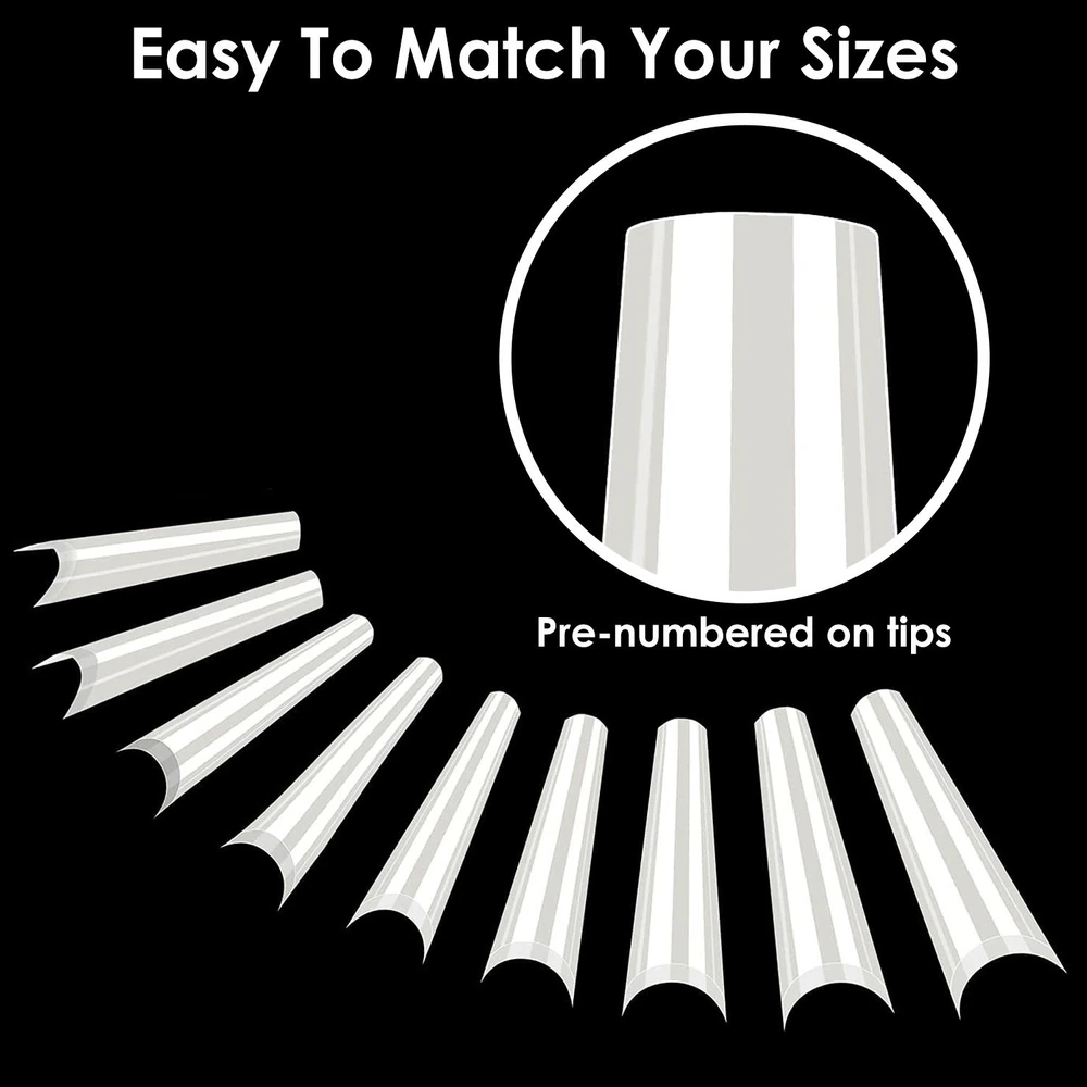 A collection of transparent, pre-numbered nail tips arranged in a fan shape on a black background, showcasing their easy size matching feature for nail art enthusiasts.