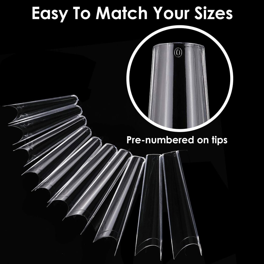 Clear nail tips arranged in a row, featuring pre-numbered sizes for easy selection and application.