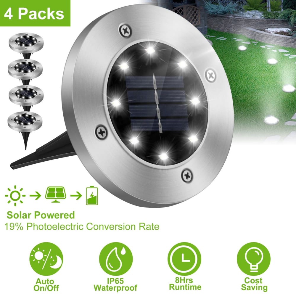 Solar-powered outdoor lights in a 4-pack with stainless steel design, offering automatic on/off function, IP65 waterproof rating, 8 hours of runtime, and efficient 19% photoelectric conversion rate for cost-saving illumination in gardens or pathways.