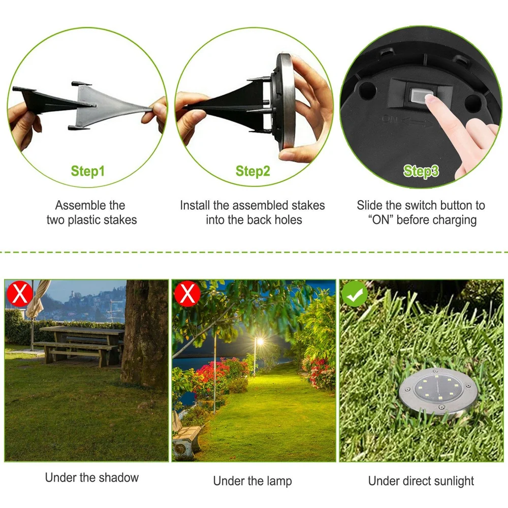 Instructional image showing three steps to assemble and place a solar garden light, including assembling plastic stakes, installing them, and switching to "ON" before charging, with visual tips for optimal sunlight placement on grass.
