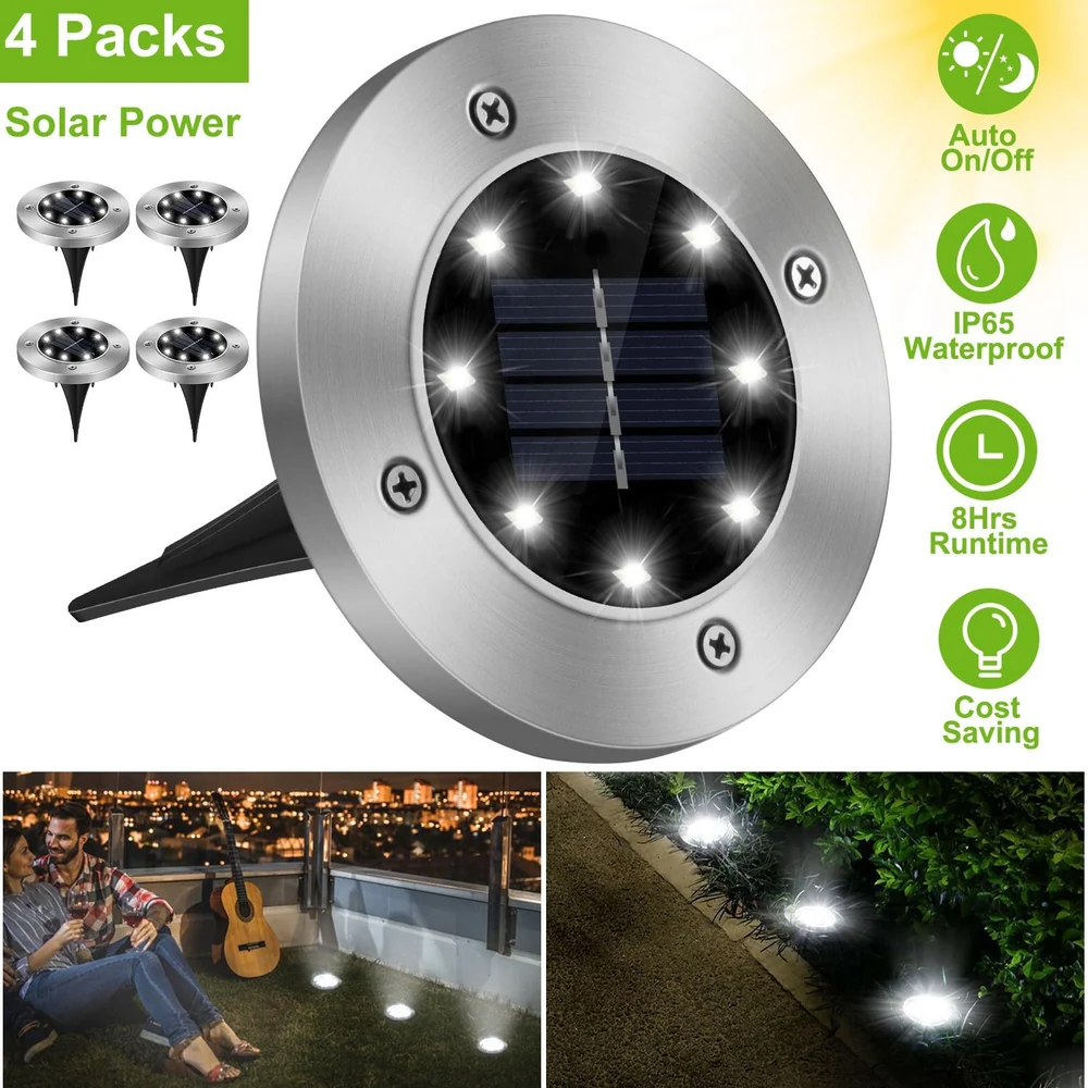 Solar-powered garden lights pack of 4 with auto on/off feature, IP65 waterproof rating, 8 hours runtime, and energy-saving design, ideal for outdoor landscaping and illumination.