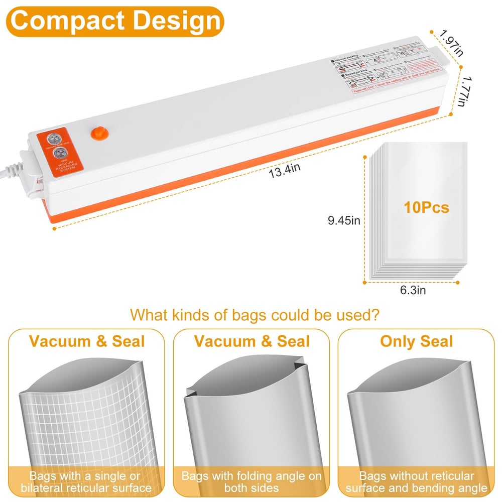 Compact vacuum sealer machine with sealing bags, featuring a size of 13.4 inches long, designed for airtight food storage and preservation.