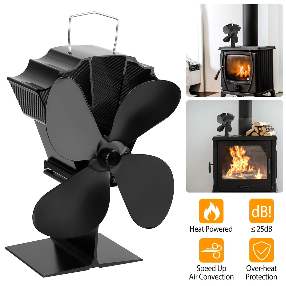 Black heat-powered stove fan with four blades for efficient air circulation, positioned next to a wood-burning stove in a cozy living space, highlighting features like quiet operation and over-heat protection.