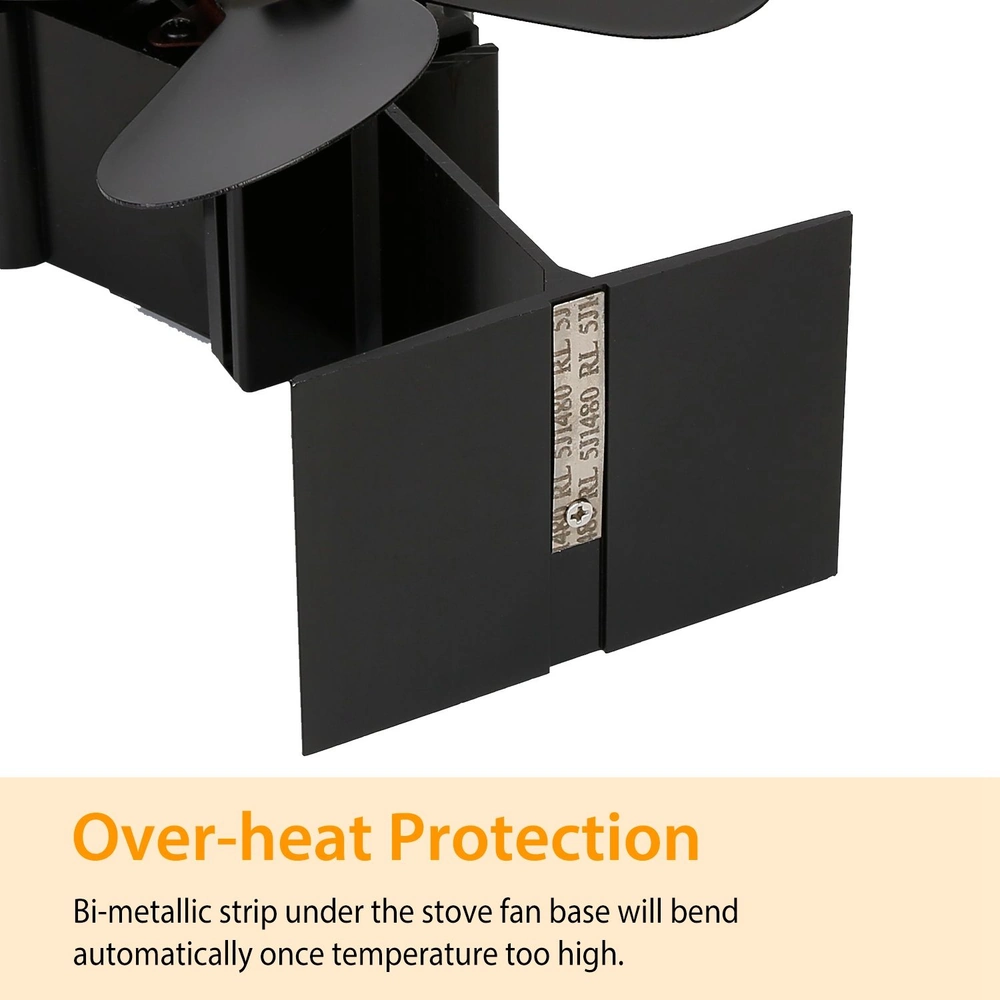 Stove fan with bi-metallic overheat protection feature, showing the adjustable base that bends automatically when temperatures exceed safe levels.