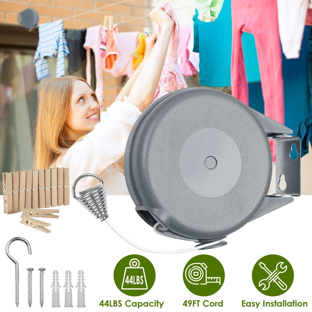 Clothesline retractable pulley system with a 44 lbs capacity and 49 ft cord, featuring easy installation; includes clips, hooks, and screws for laundry drying outdoors.