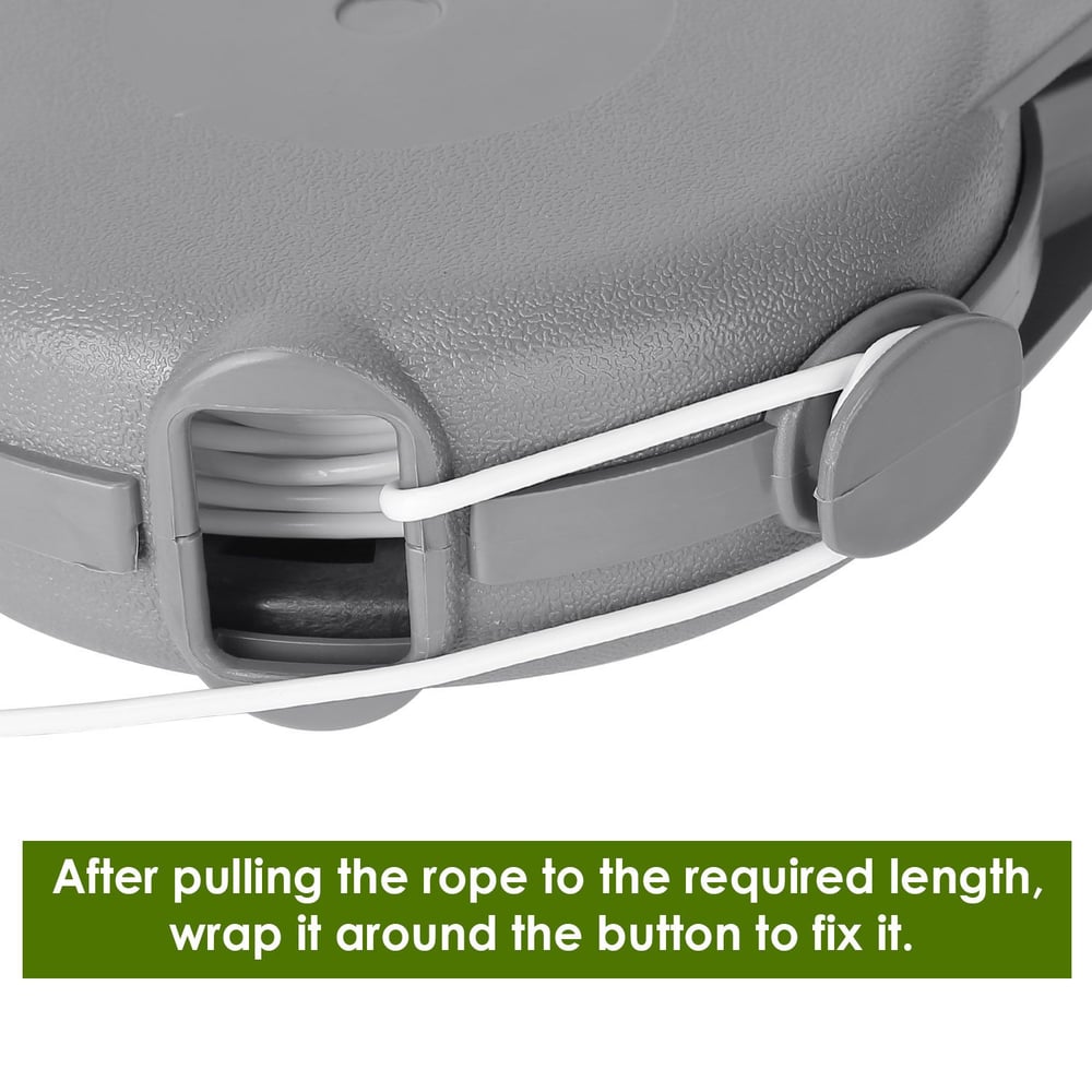 Gray plastic rope reel with white rope, featuring an instructional text below that explains how to secure the rope after adjusting its length.