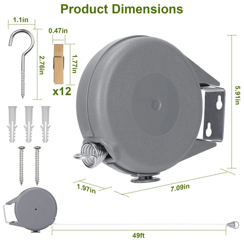 Product dimensions image of a retractable measuring tape, featuring a gray casing, attached hook, screws, wall anchors, and clips with measurements of 49 feet in length and various other dimensions shown in inches.