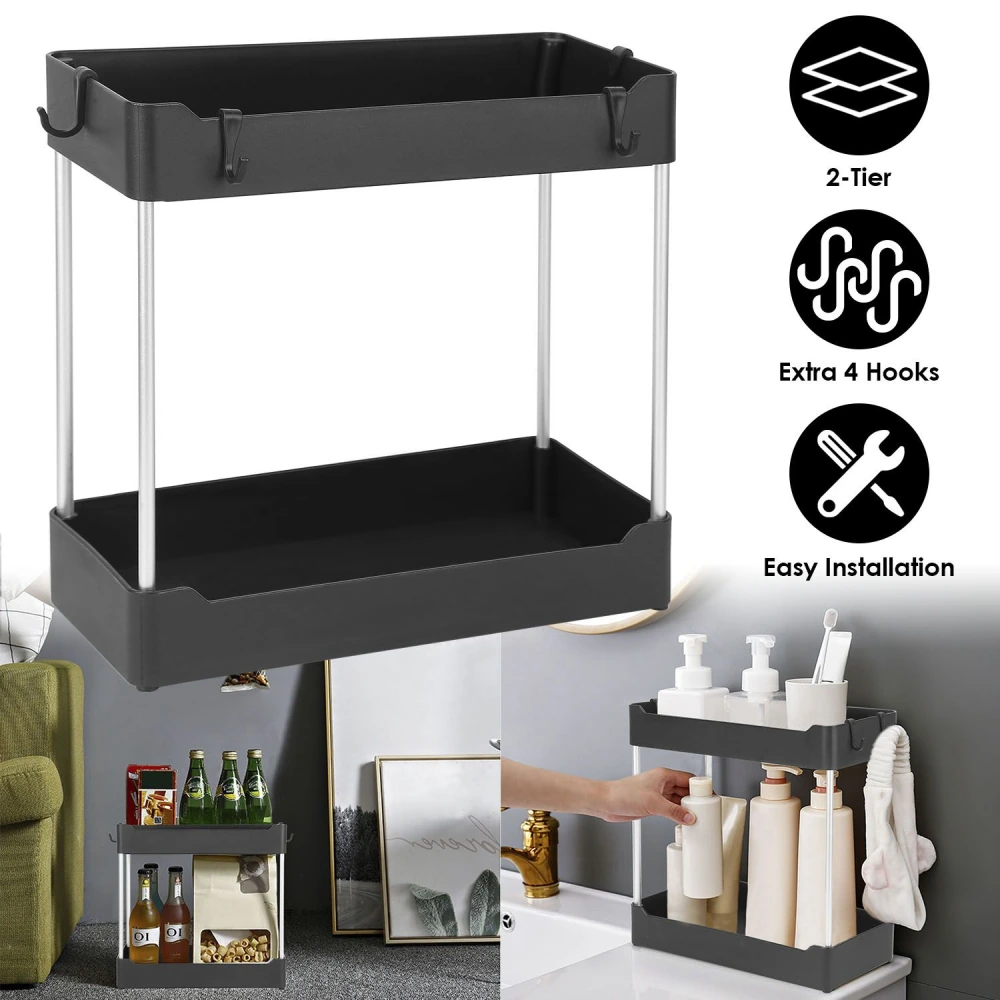 Two-tier black storage organizer with four extra hooks, designed for easy installation, ideal for bathroom or kitchen use, shown showcasing drinks and toiletries.