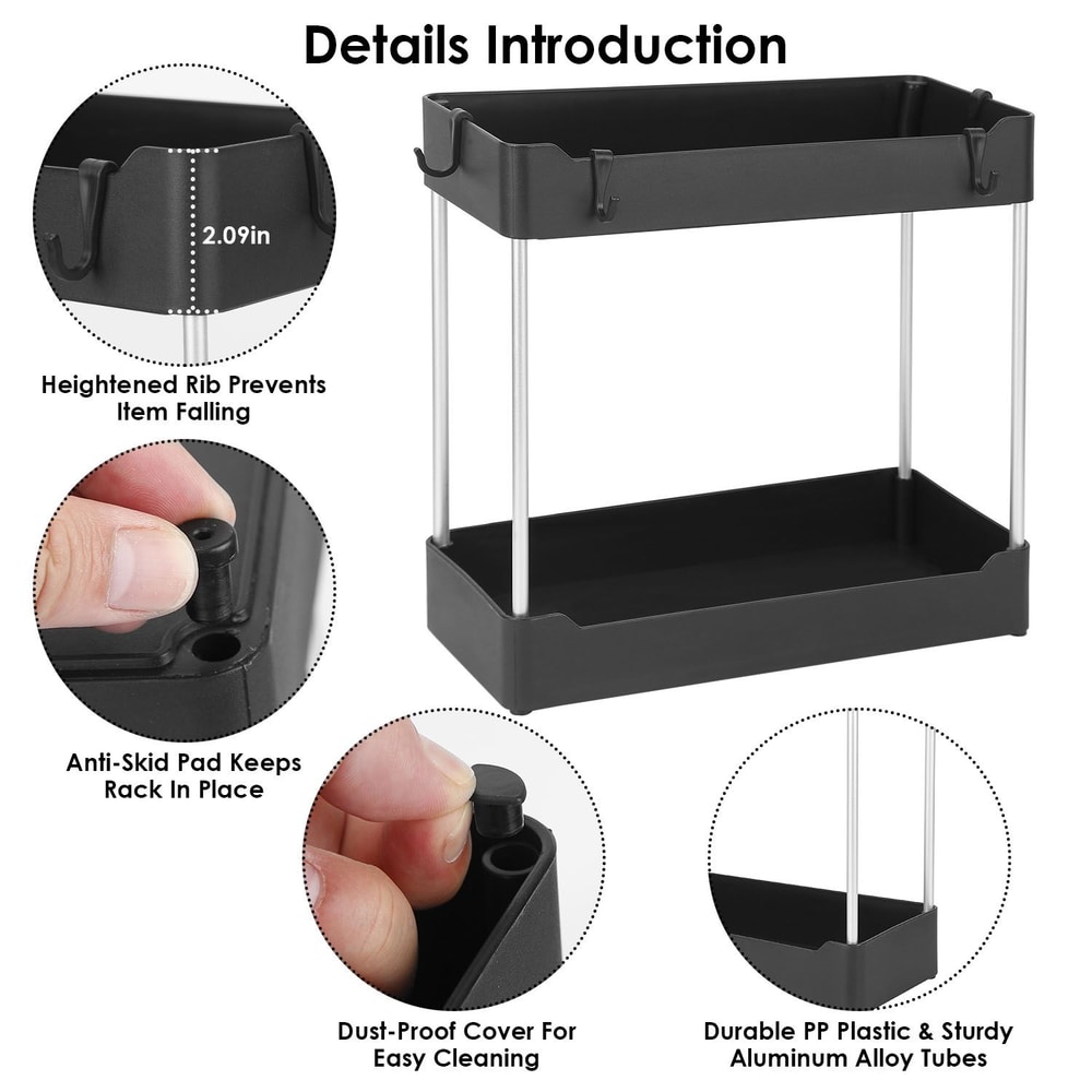 Multi-functional black storage rack featuring a dust-proof cover, anti-skid pads, and sturdy aluminum alloy tubes, designed for improved organization and stability.
