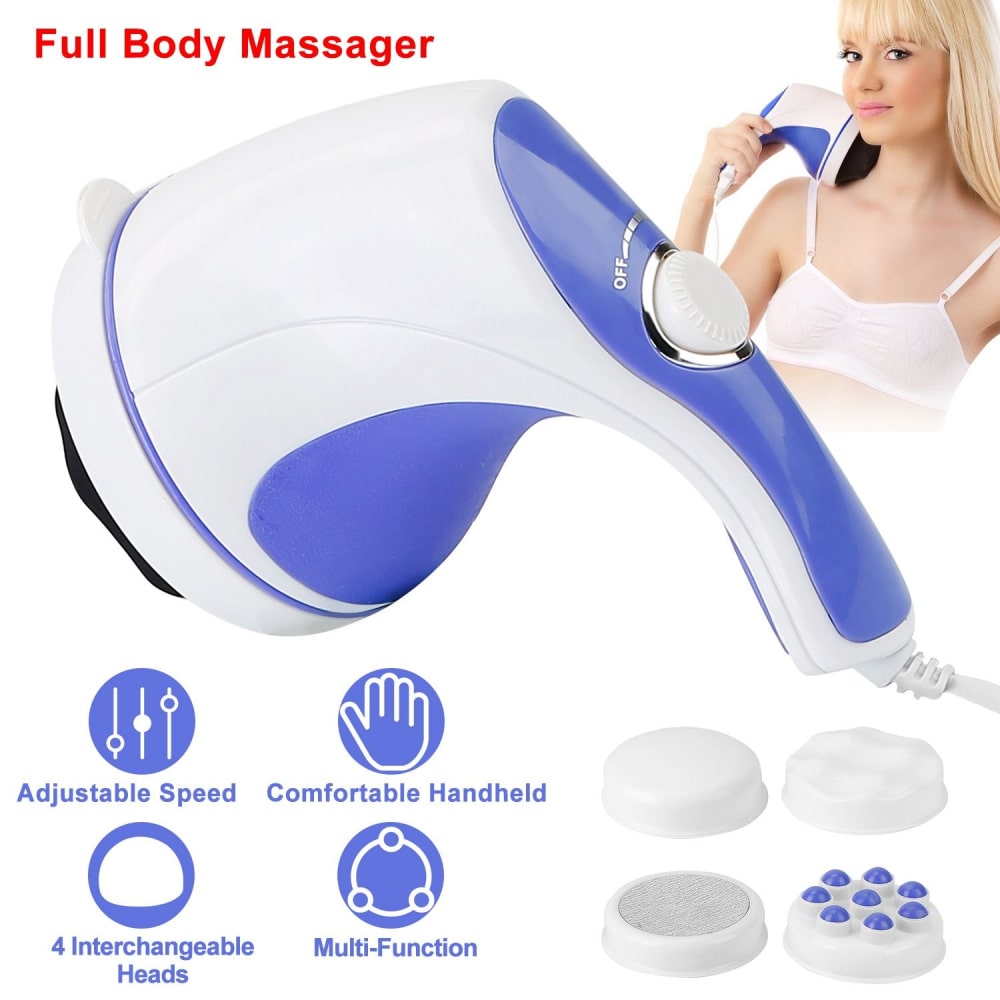 Full body massager with adjustable speed, comfortable handheld design, and four interchangeable heads for versatile functionality. Ideal for relaxation and muscle relief.