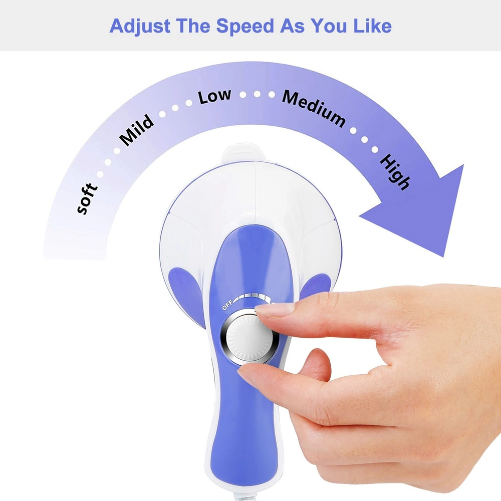 Hand adjusting the speed dial on a handheld device indicating settings from soft to high, showcasing adjustable intensity for personalized use.
